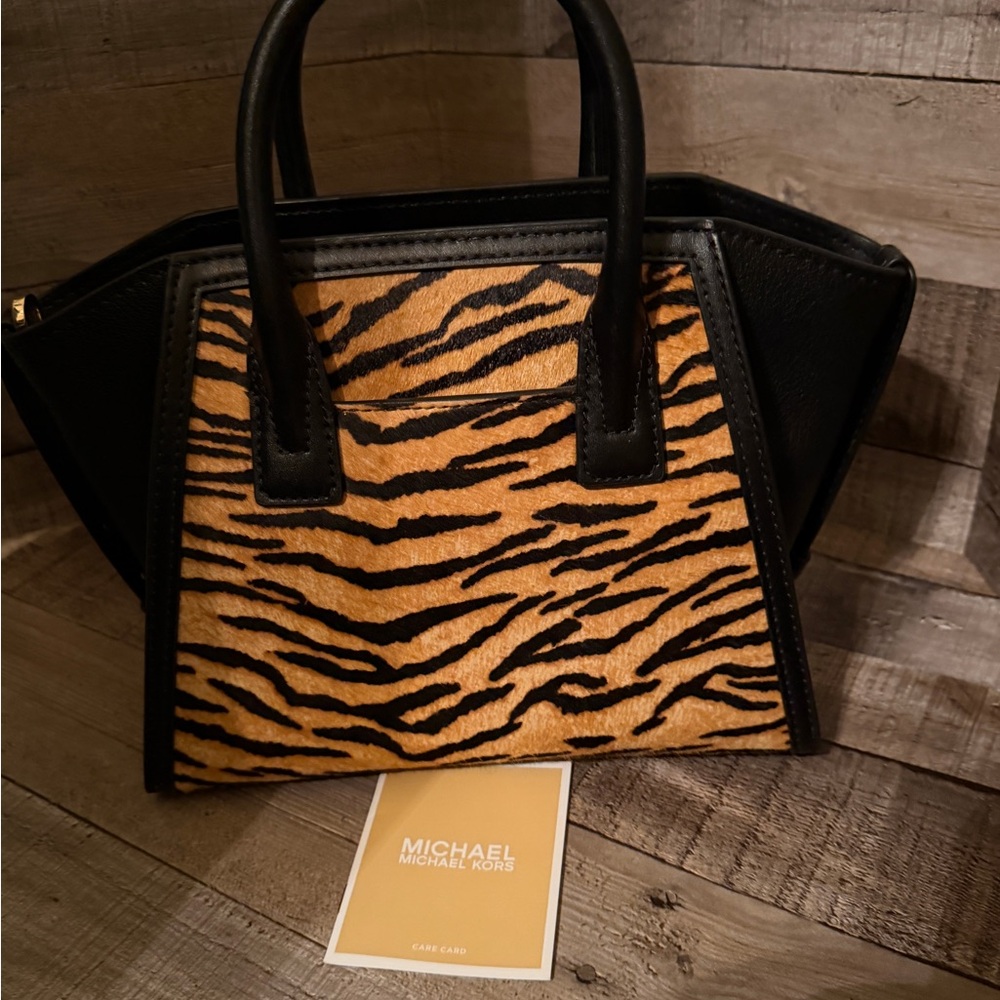 Michael Kors Avril Black and Brown Tiger Print Satchel 9.5W x 6.25H x 4.25D